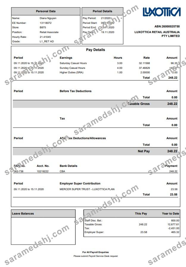 Luxottica Retail Paystub